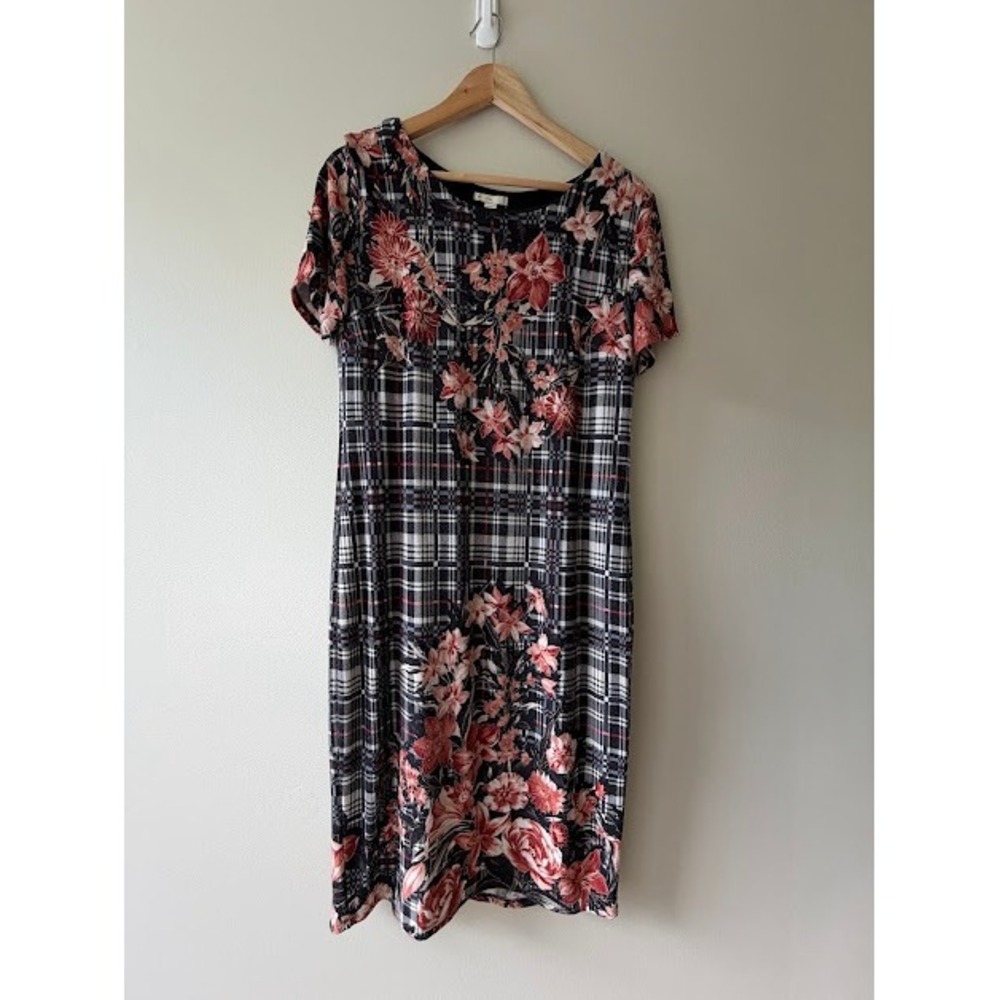 Floral Est. 1846 Sheath Dress Womens Large Black Coral Plaid Short Sleeve Knit